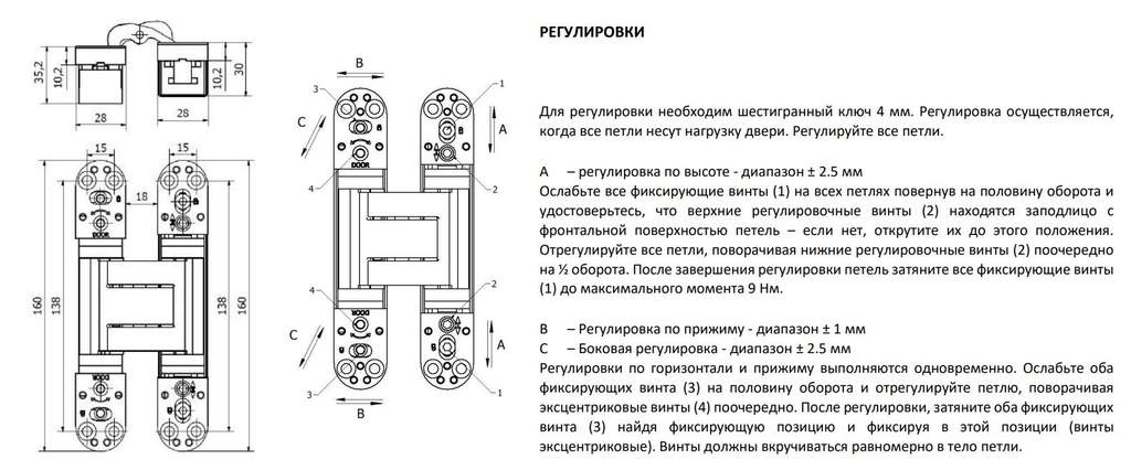 Петля дверная скрытая универсальная, 3D, 160х28 мм, 100 кг, сатин хром., с 4 металл. колпачками — изображение 3