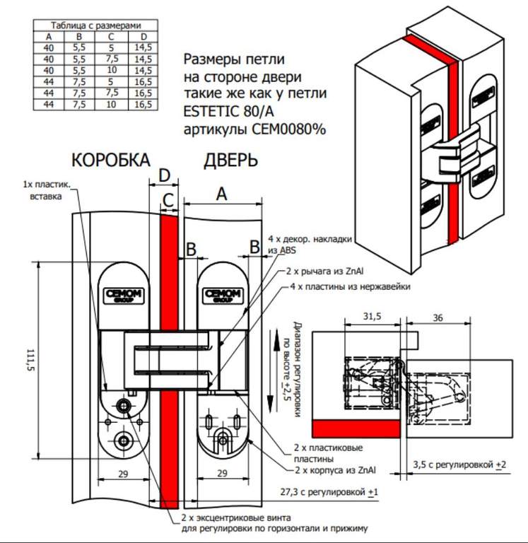 Петля дверная скрытая универсальная со смещением плоскостей, 3D, 111.5x29 мм, 50 кг, цамак хром сатин., с 4 пласт. колпачками — изображение 10