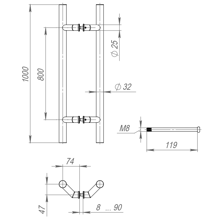 45497 , Ручка-скоба Fuaro (Фуаро) PULL.PH32/1000.45 INOX 304 (PH-45-32/1000-INOX) — изображение 2