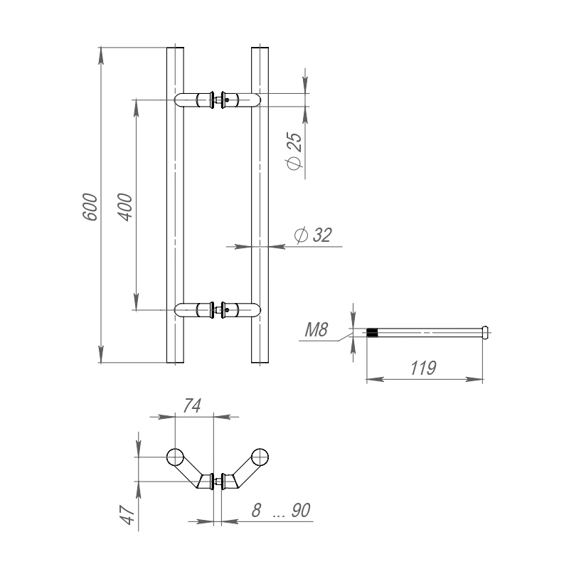 45501 , Ручка-скоба Fuaro (Фуаро) PULL.PH32/600.45 INOX 304 (PH-45-32/600-INOX) — изображение 2